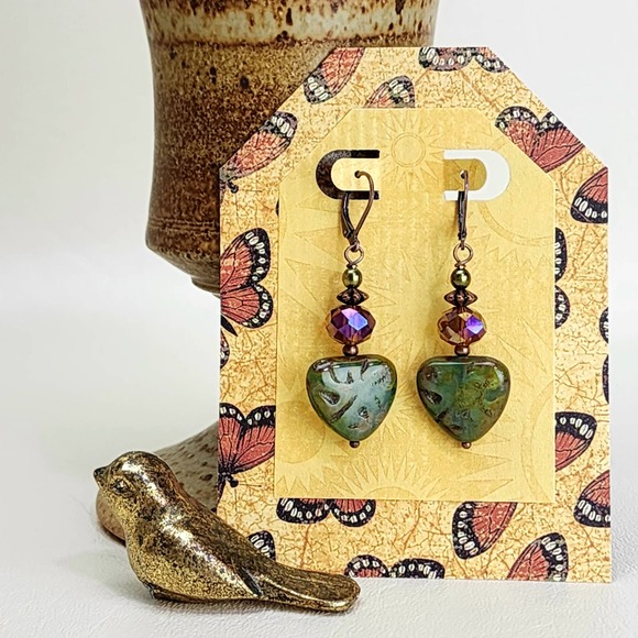 Earthy Green Triangle Earrings, Handmade - Picture 7 of 9